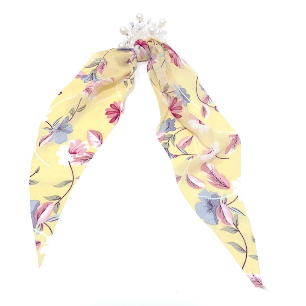 Yellow Floral Hair Scarf Coil Ponytail Holder With Faux Pearls